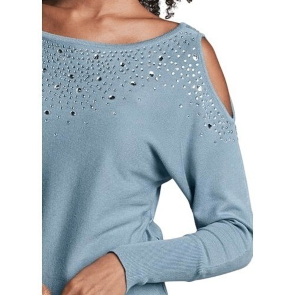 Venus Blue Rhinestones Cold Shoulder Sweater XXXL Sparkle Pastel NWOT SALE